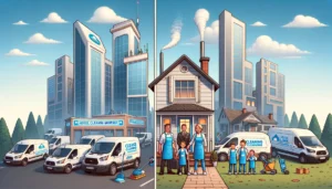 Image showing a large house cleaning company on the left and a smaller family owned house cleaning company on the right.