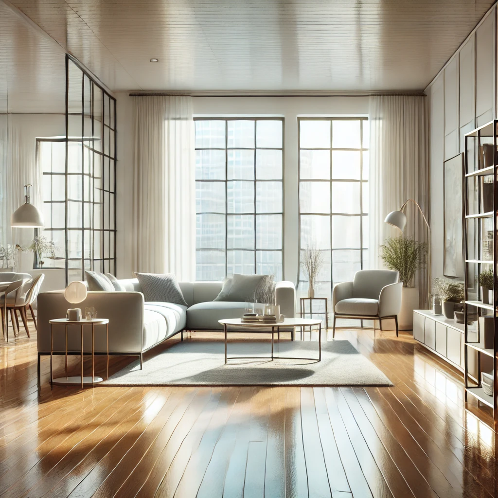 An image of a clean, well organized home showing clean floors and a well lit living room.