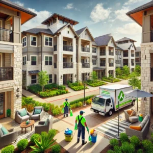 Image of two house cleaners arriving to the Austin Ranch complex