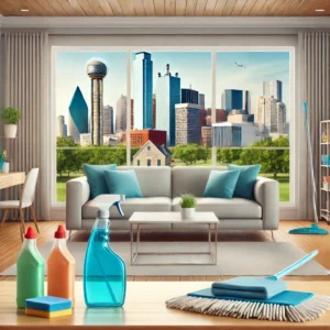 Image of the Dallas Skyline with a sofa in a clean home just cleaned by the best house cleaning company in Dallas