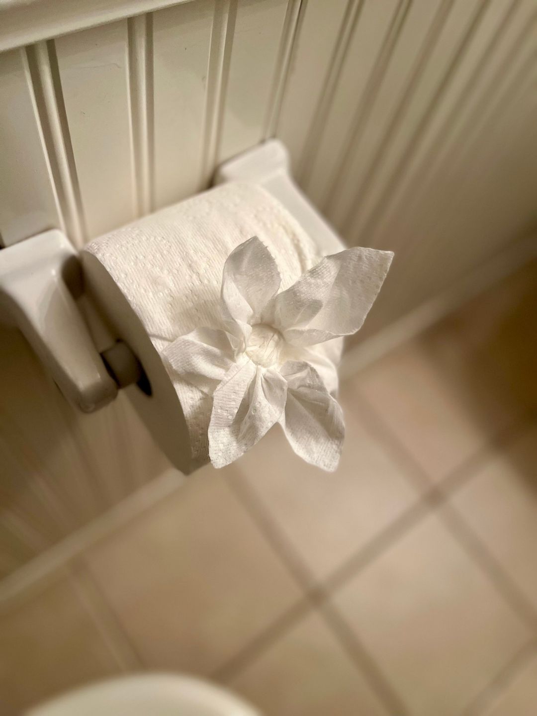 A roll of toilet paper folded into a flower shape cleaning service plano