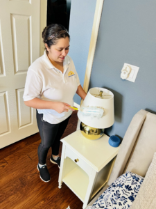 Image of a house cleaner from Dallas Sunrise Maids taking advice on how to clean a lampshade