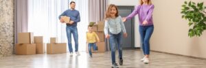 Family with kids entering a spotless home in Dallas after professional move-in cleaning by Dallas Sunrise Maids