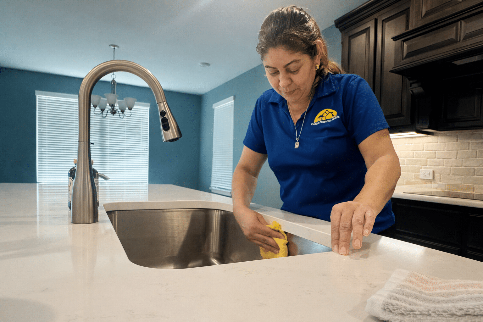 A Dallas employee cleans the kitchen sink area with a cloth, with spray bottles and other cleaning supplies nearby in Plano TX