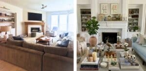Two side-by-side living rooms showcasing a clean, organized space with neutral couches and neat mantel decor, illustrating how clean should my house be before a cleaner comes for home cleaning in Plano, Texas by Dallas Sunrise Maids.