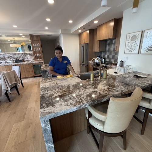 Professional cleaner preparing a condo kitchen for condo cleaning in Dallas by Dallas Sunrise Maids